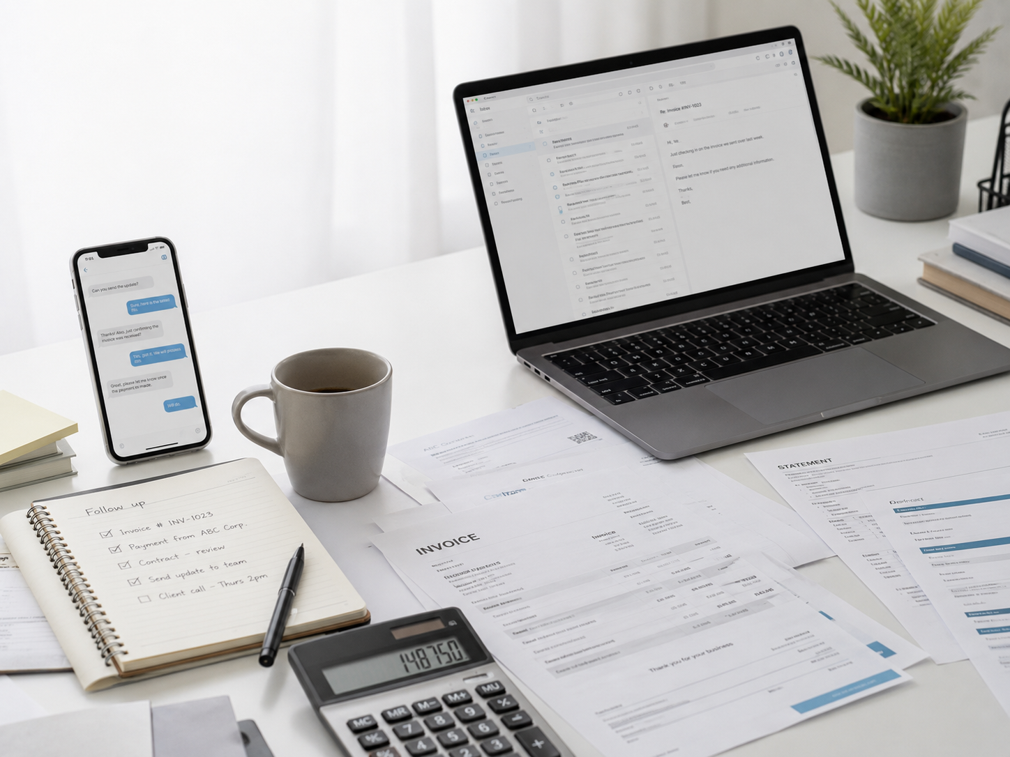 Escritorio con mensajes, documentos, facturas y seguimiento manual